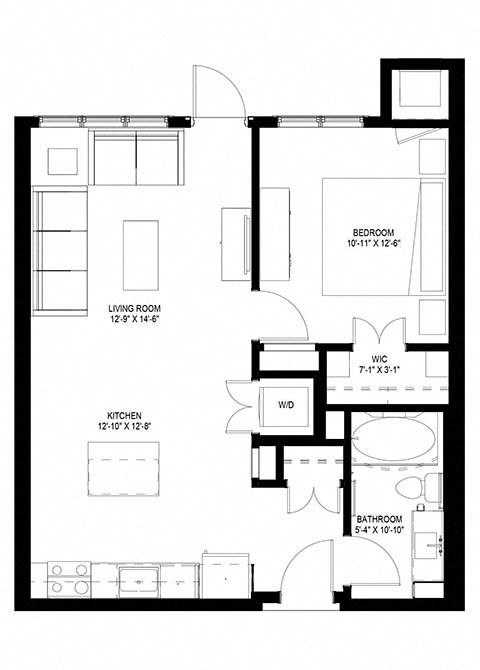 Floor plan for 1 bed, 1 bath, 723 sqft